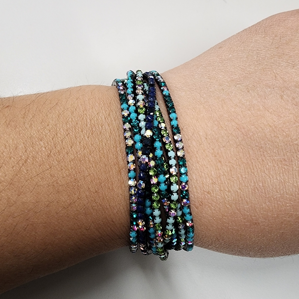 8 Multicolor Rhinestone Crystal Stretch Bracelets Stack Aqua Blue Green Dainty